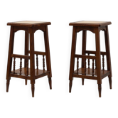Paire de tables d'appoint rustiques en bois du XXe siècle avec plateau en carreaux de céramique