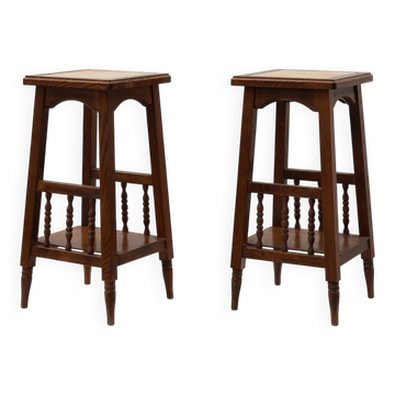 Pair of 20th century rustic wooden side tables with ceramic tile top