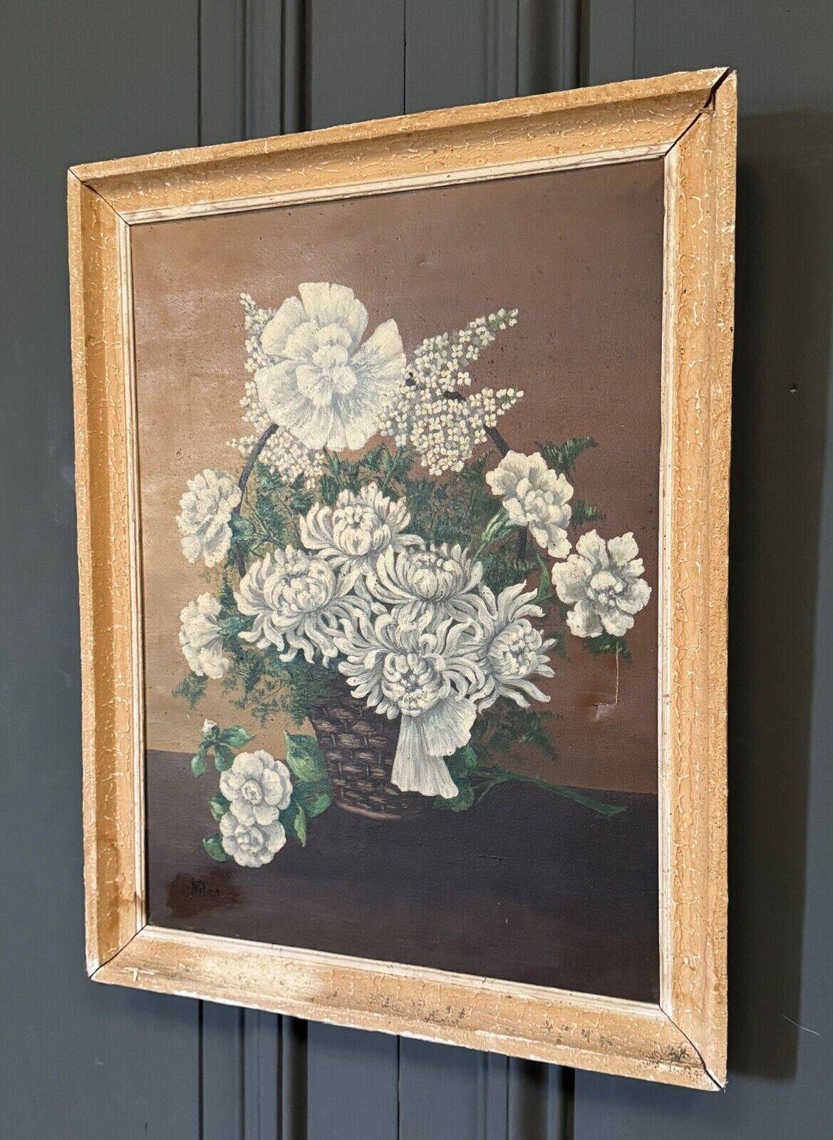 Oil on canvas by Mitzi 20th century still life bouquet of flowers whitewashed frame