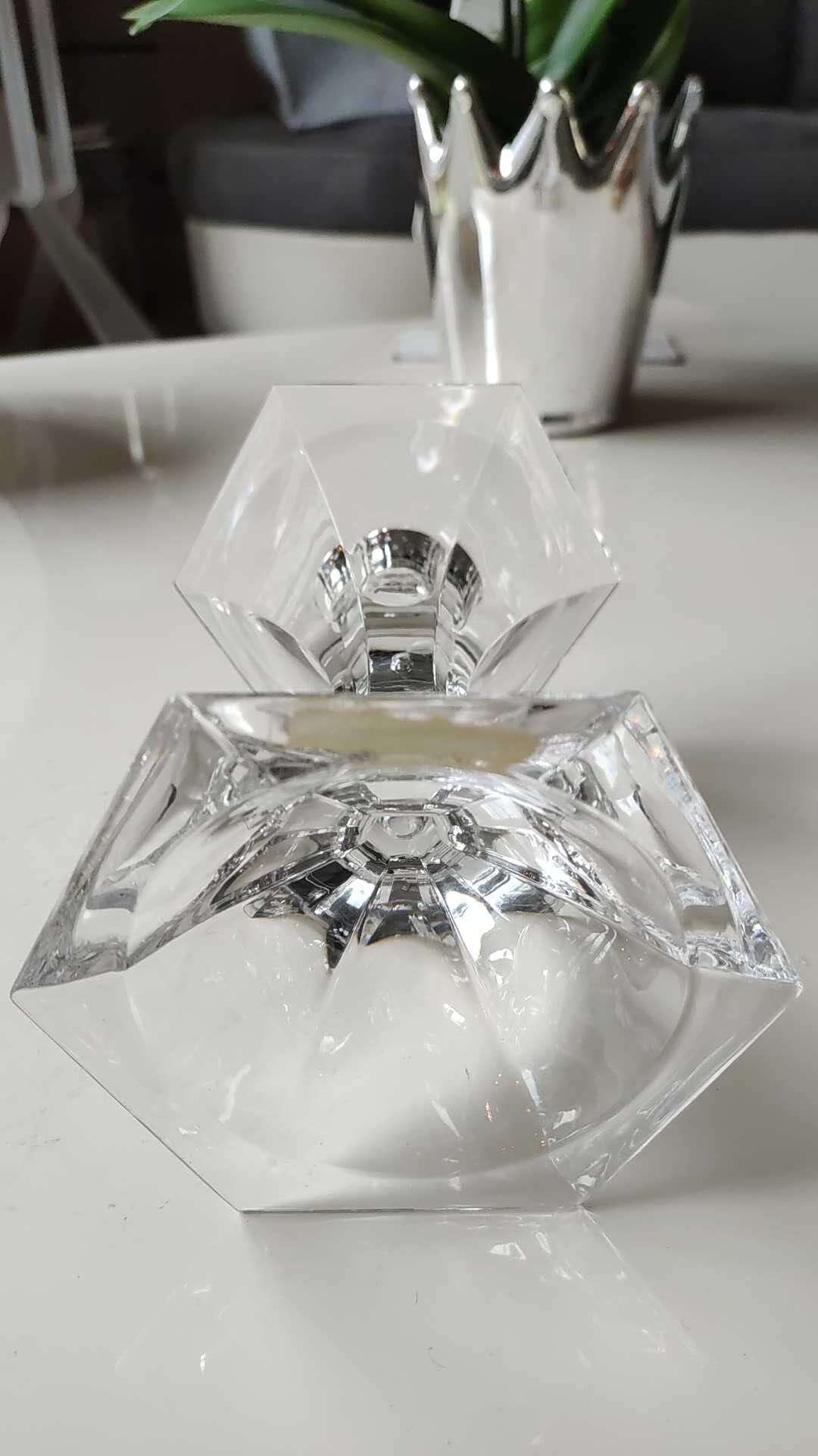 Torch candle holder in finely cut hexagonal crystal labeled Nachtmann