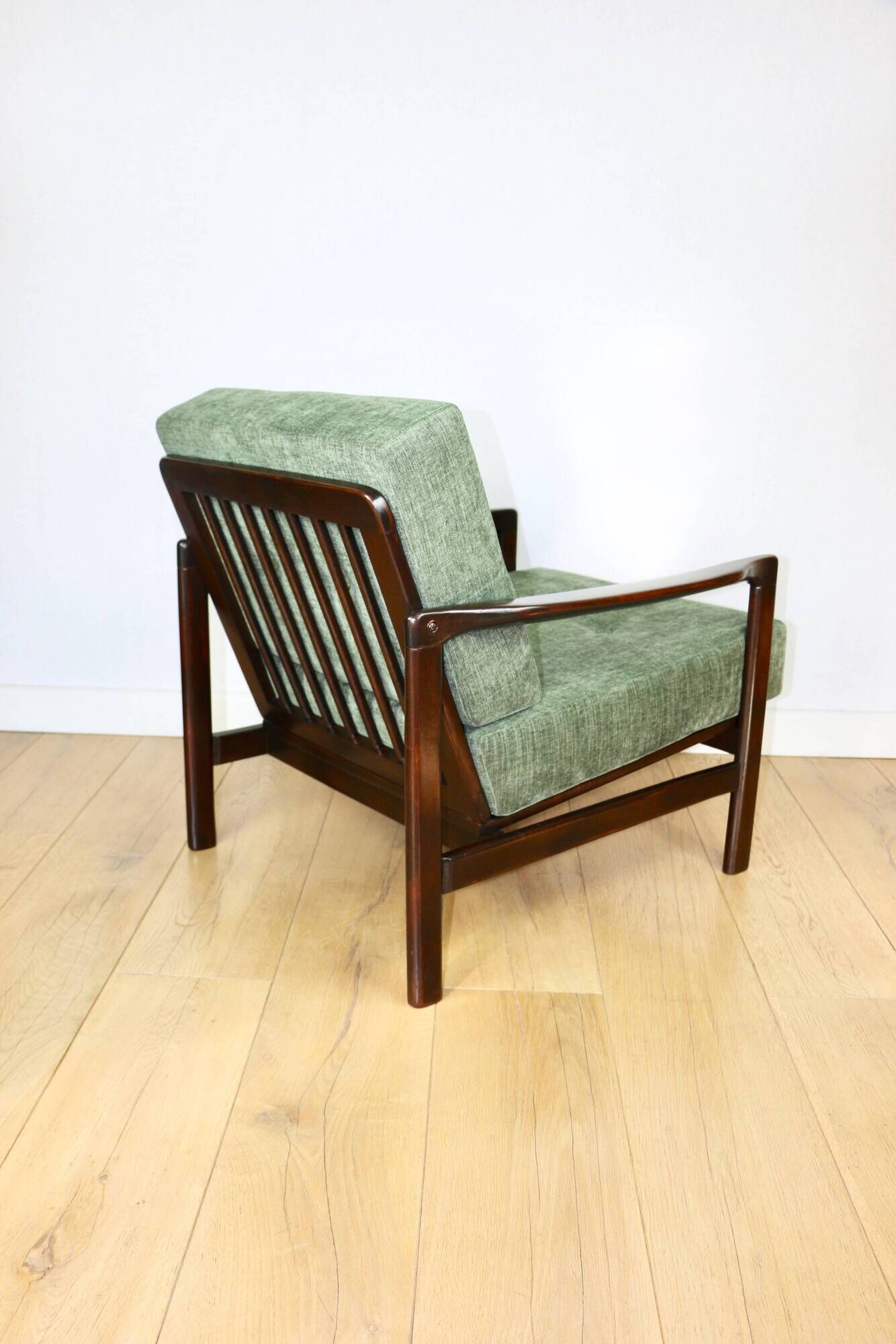 Vintage brown wooden armchair green-olive jeans design by Z. Bączyk - 2 pieces available