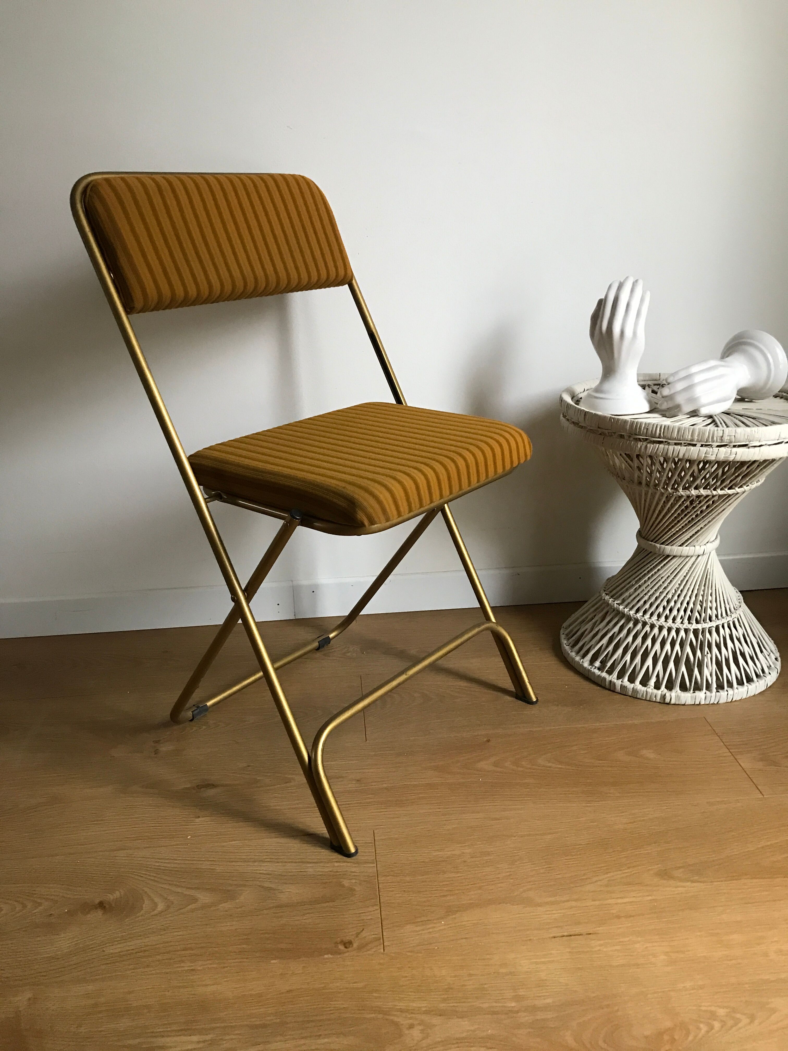 Vintage folding chair lafuma chantazur with striped gold fabric