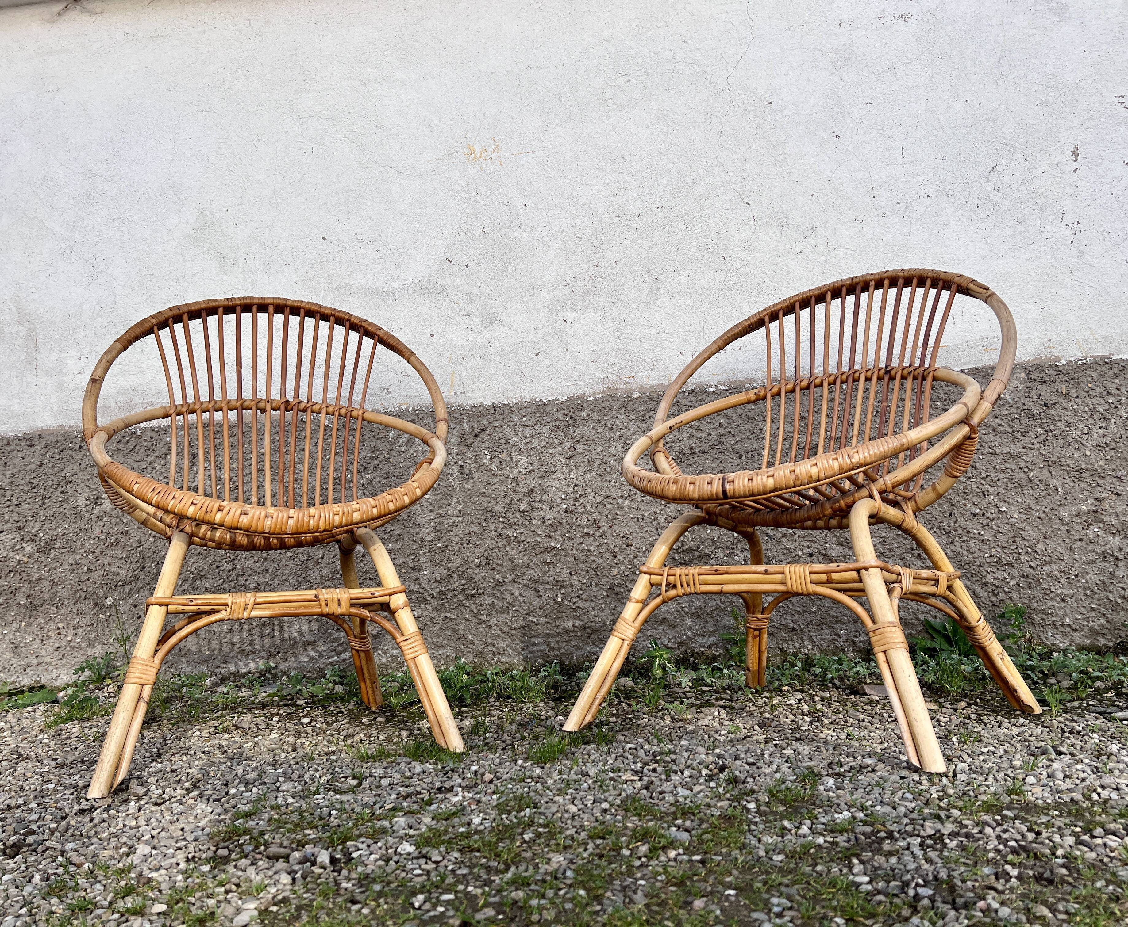 Paire de chaise loveuse fauteuil en rotin bambou 1950