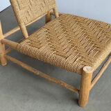 Low lounge chair in sisal rope and ash wood
