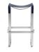 Contemporary bar stool with aged silver metal and blue leather.