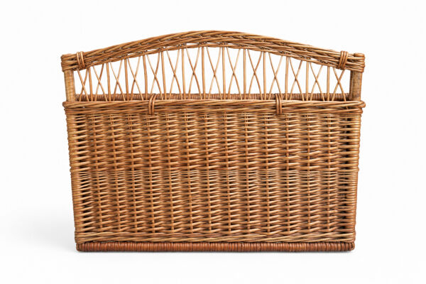 Coffre -banquette ancien en osier tressé-dossier ajouré 1950