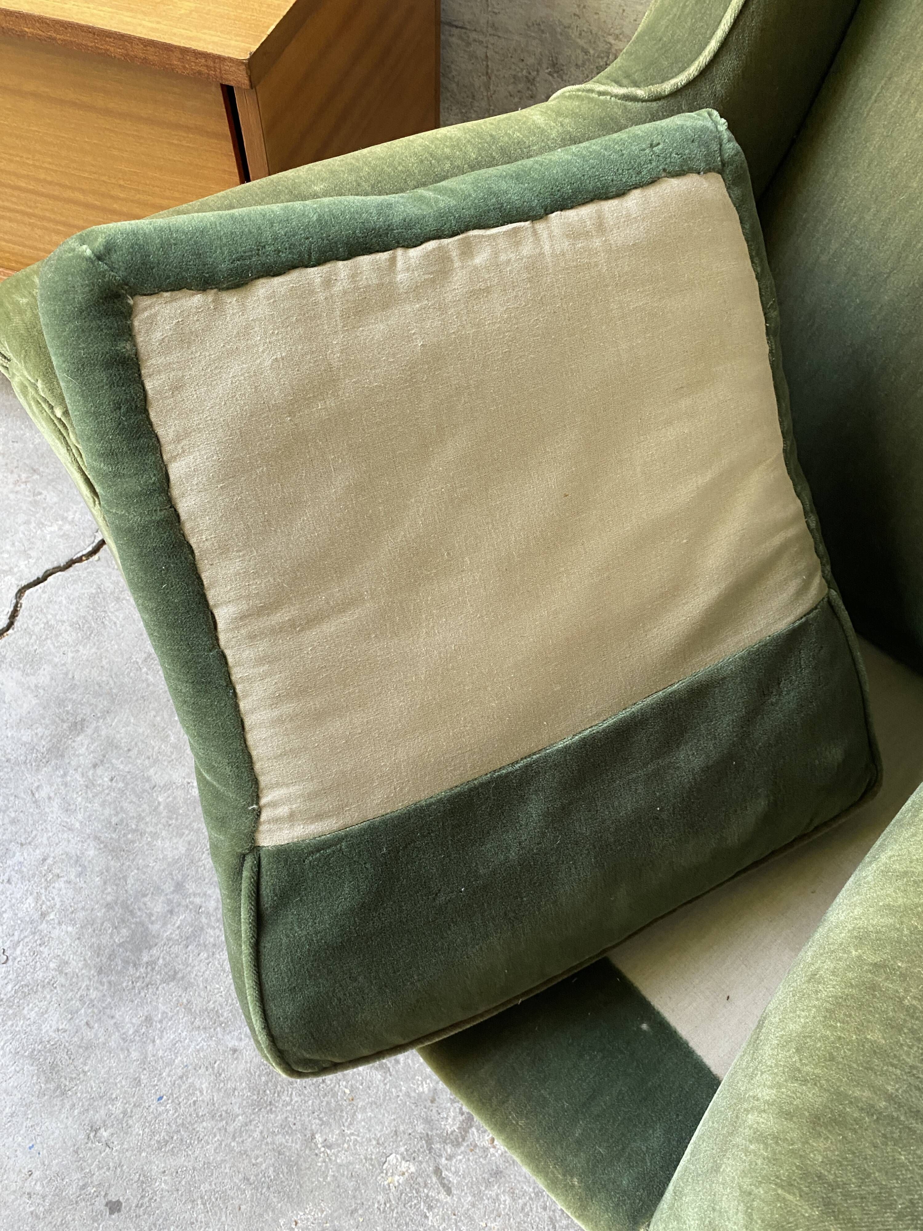Vintage club armchair in green/khaki velvet fabric