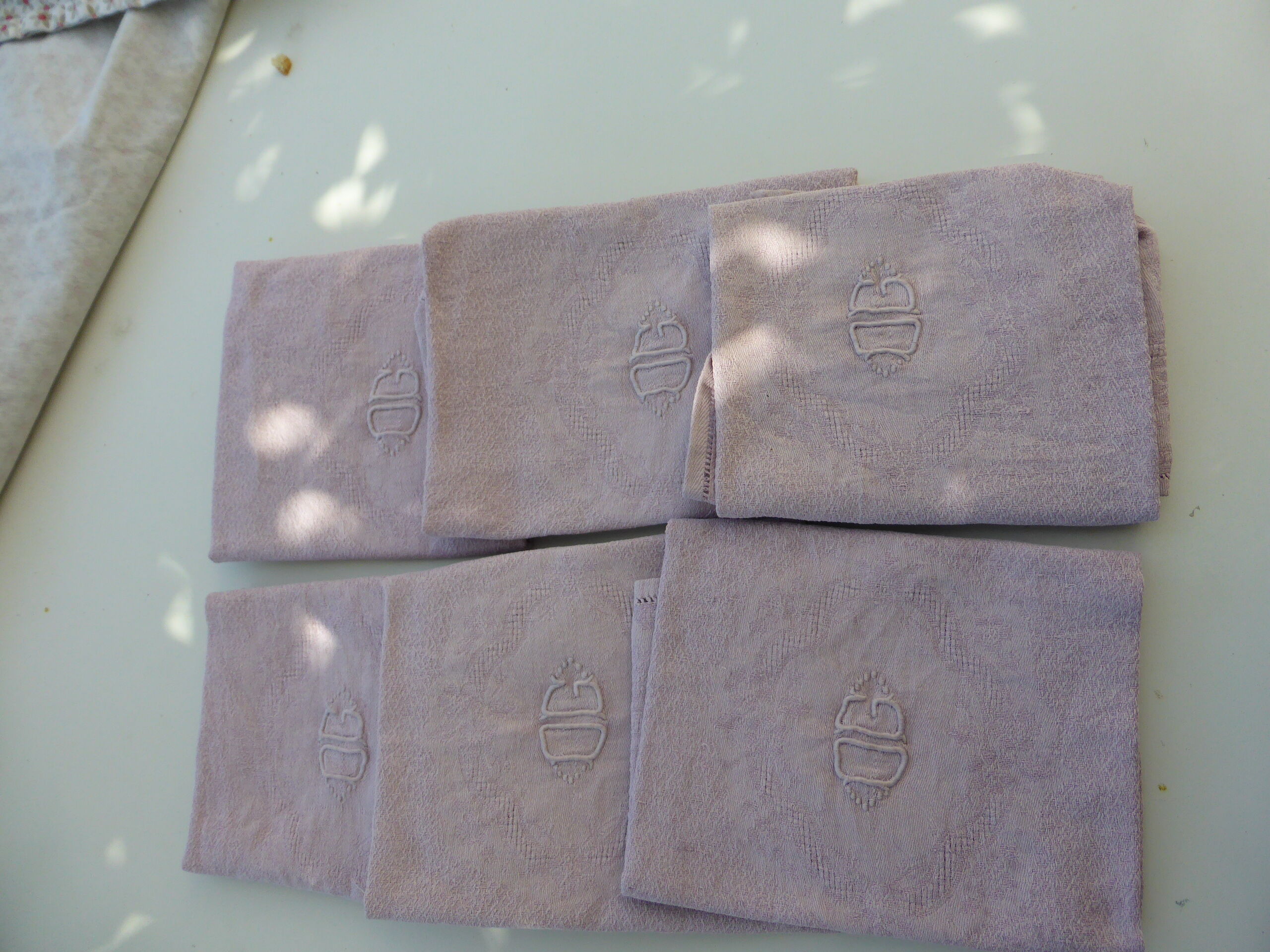 6 rectangular towels, damask cotton, Lilas tint and monogrammed OG, art deco