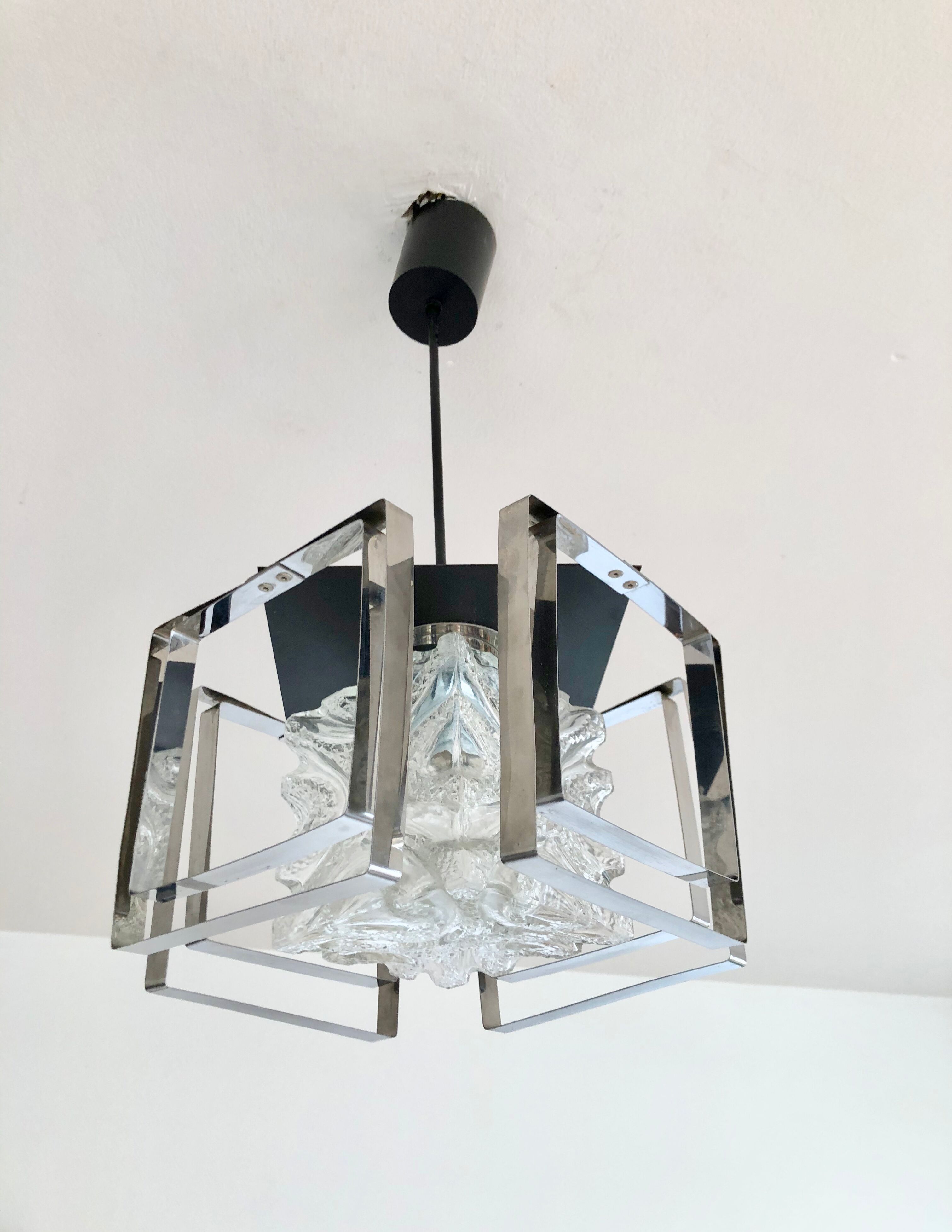 Glass and chrome hanging lamp 1970