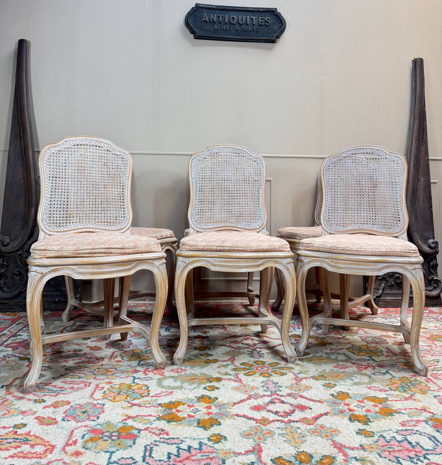Set of six Louis XV style lacquered wood caned chairs