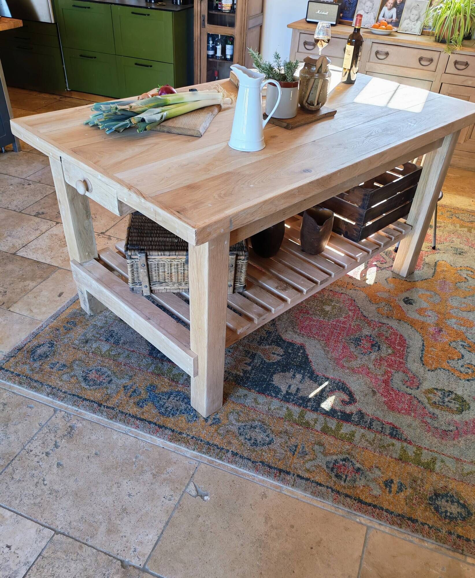 Solid raw oak table/island type "butcher's block" 180x105
