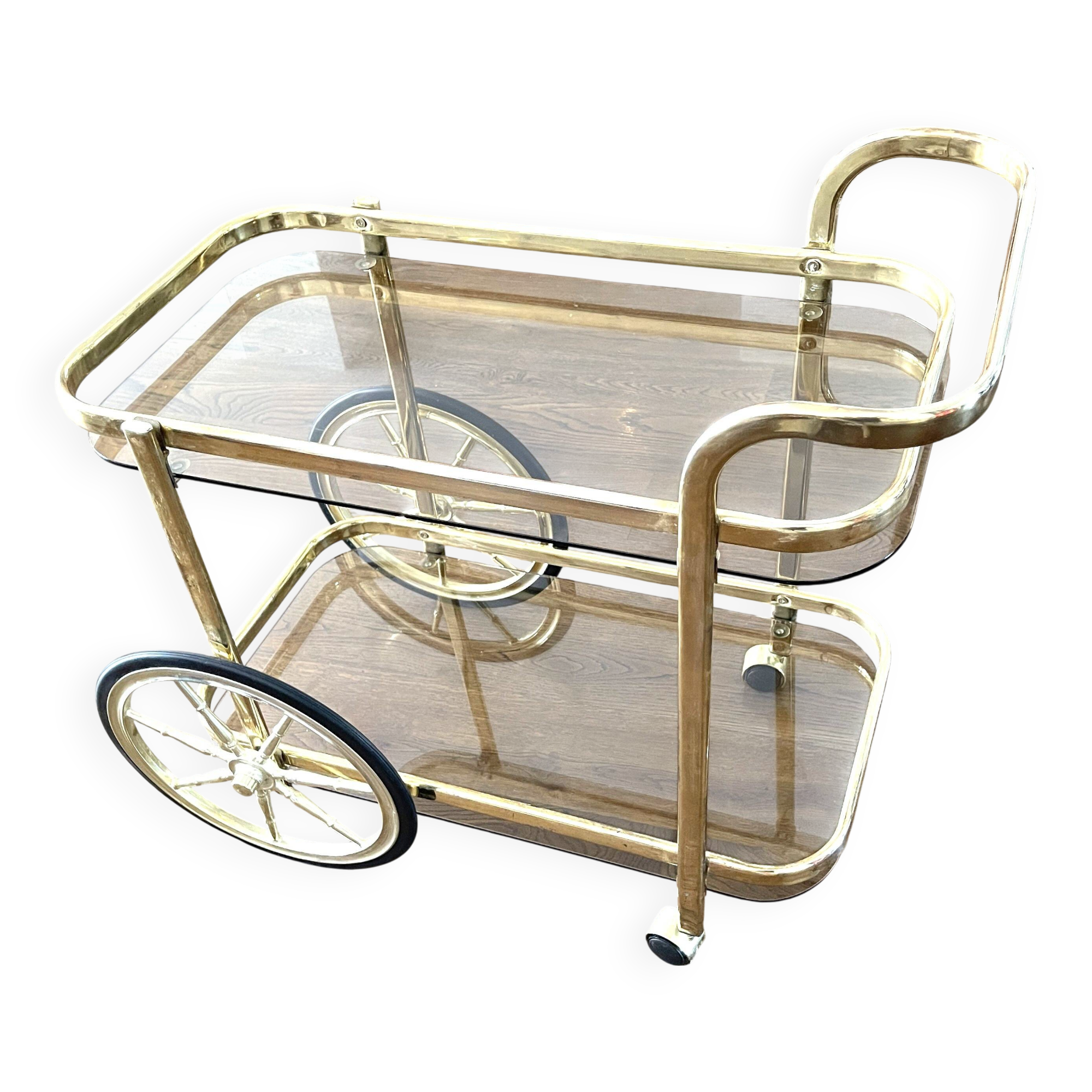 Brass and smoked glass bar trolley, 2 trays