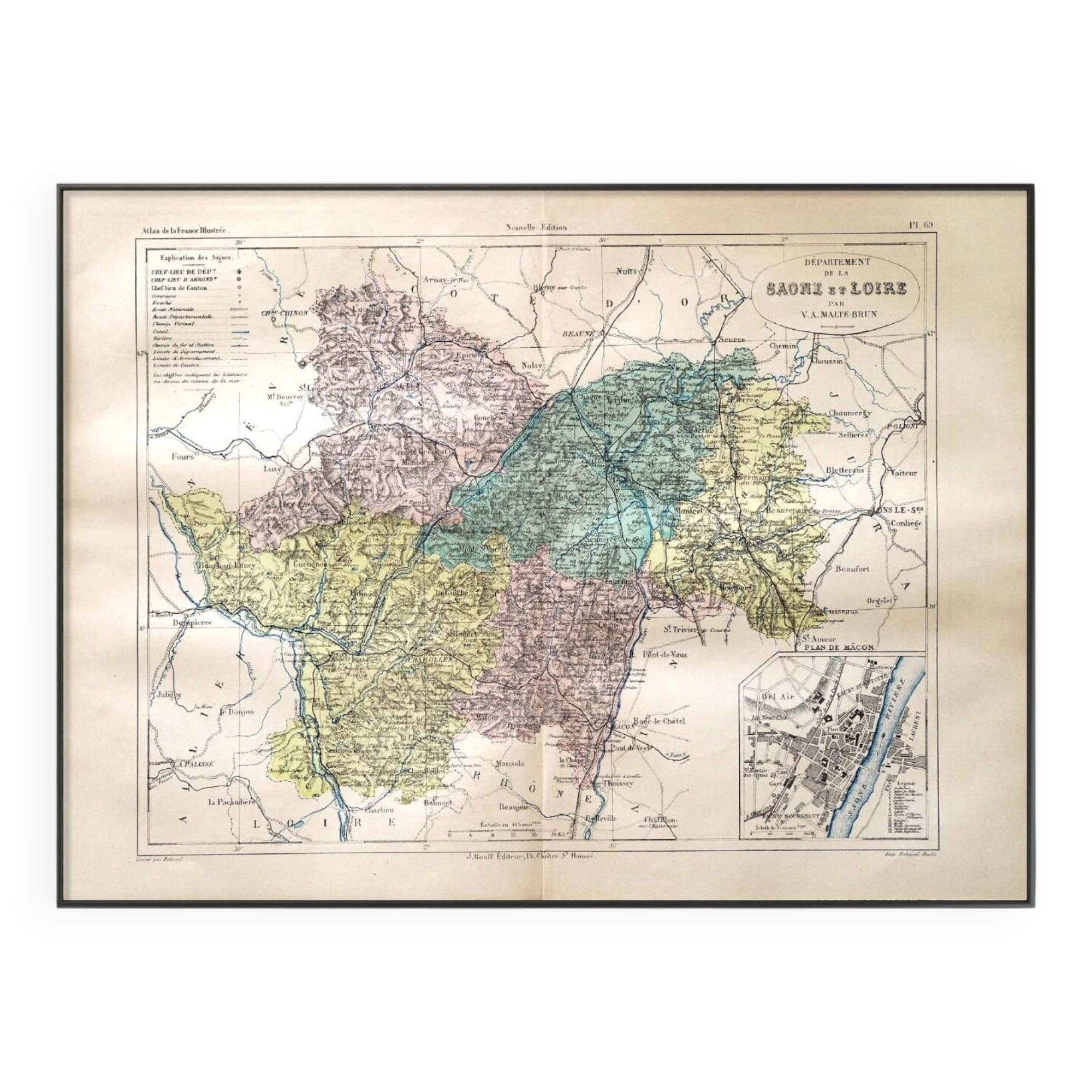 Saône and Loire, old map printed in 1883.
