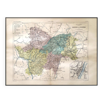 Saône et Loire, carte ancienne imprimée en 1883.