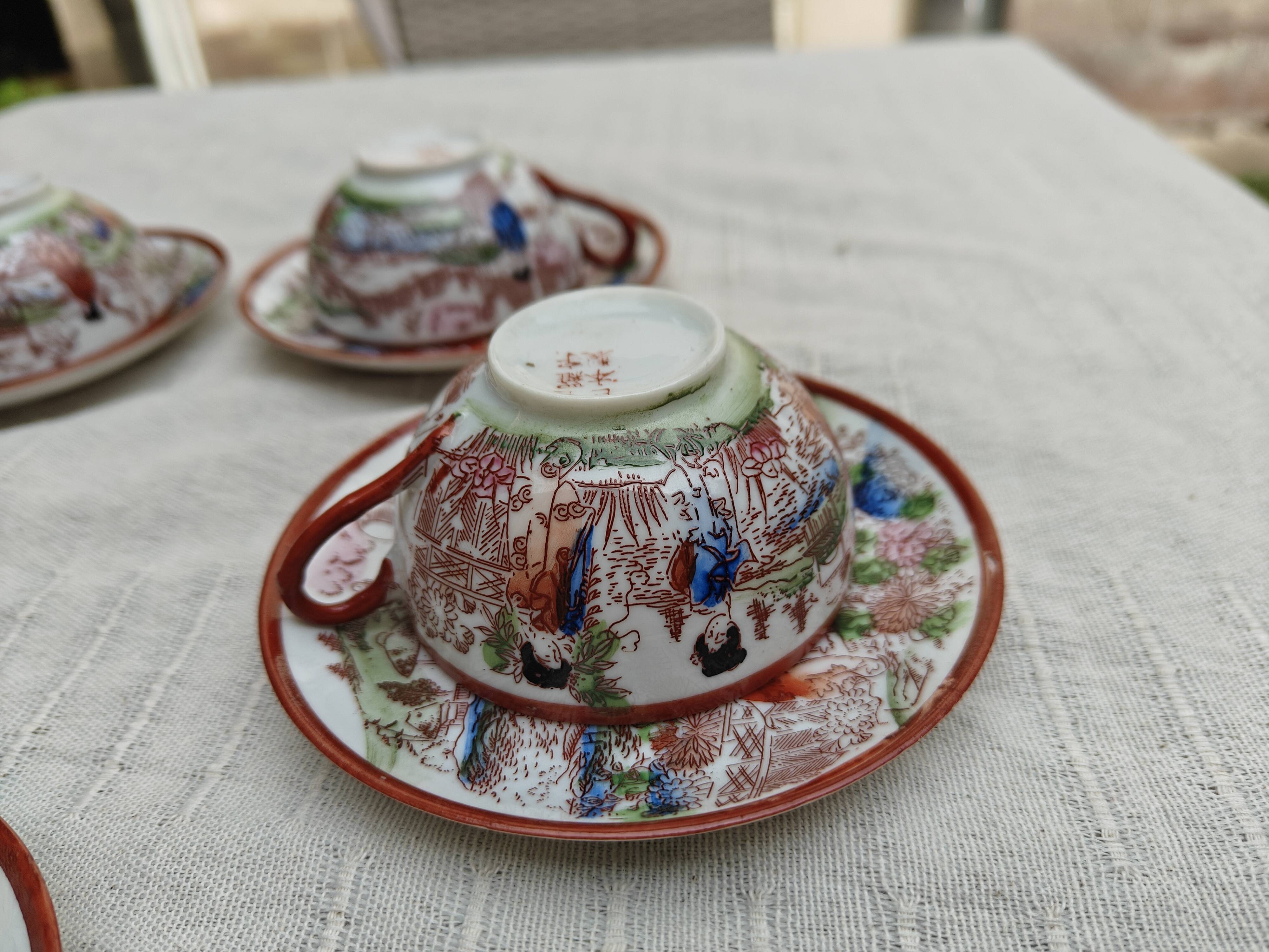 Vintage Japanese tea/coffee service, egg shell porcelain & enamels for 5 people.