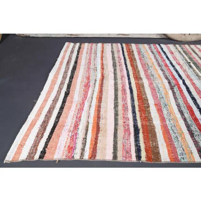 Vintage Turkish Oushak Handmade Cotton Pink Wool Kilim Runner Rug 136x291