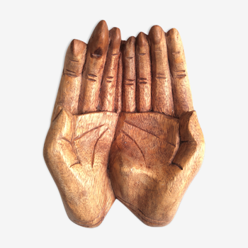 Vide poche, mains jointes en bois sculpté, années 70