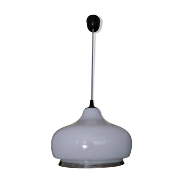Suspension vintage en opaline blanc avec liseré chromé