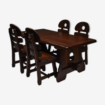 Brutalist rustic modern dining set in stained oak - 1970's