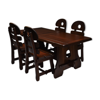 Brutalist rustic modern dining set in stained oak - 1970's