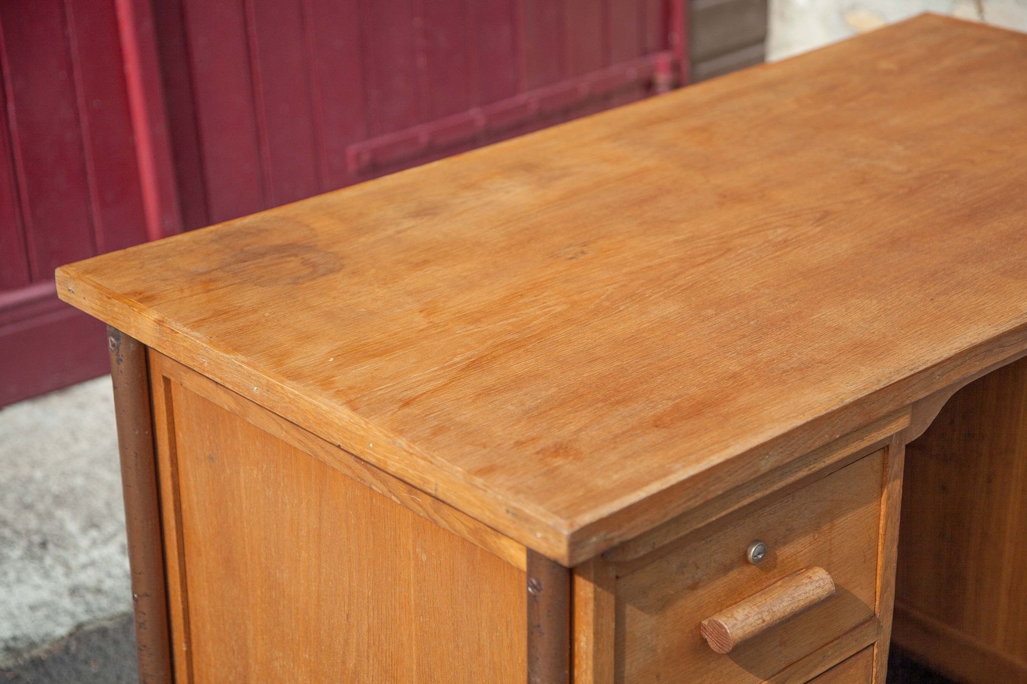 Old desk, wooden desk, school desk, desk with drawers and tablet, 50s
