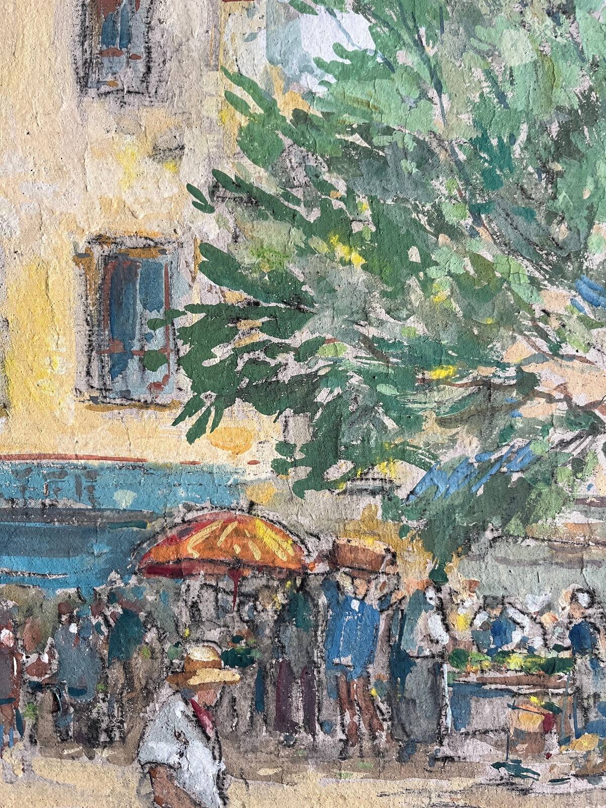 Sunny terrace table on market day signed (Ch. Blondel?)