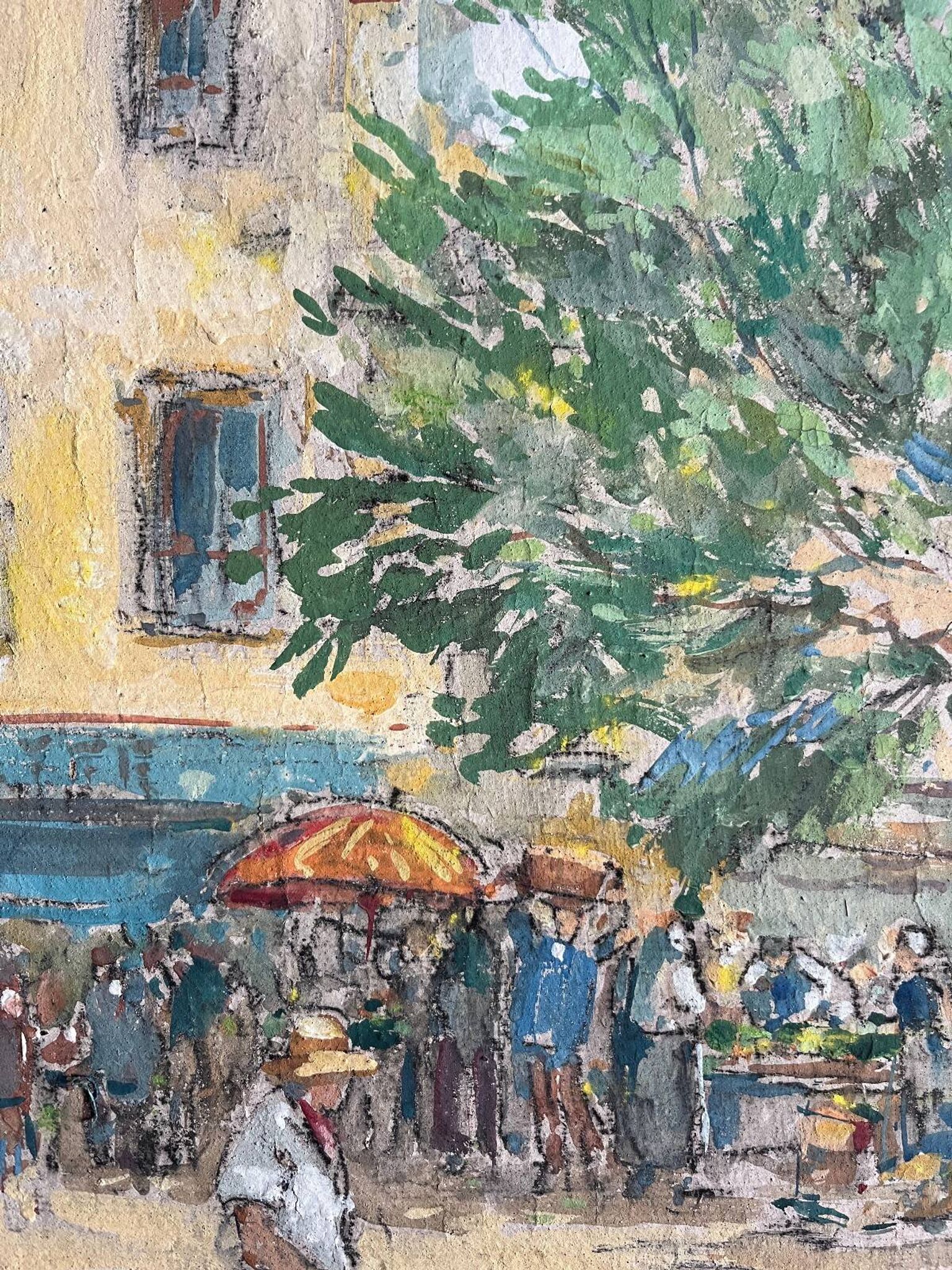Sunny terrace table on market day signed (Ch. Blondel?)