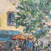 Sunny terrace table on market day signed (Ch. Blondel?)