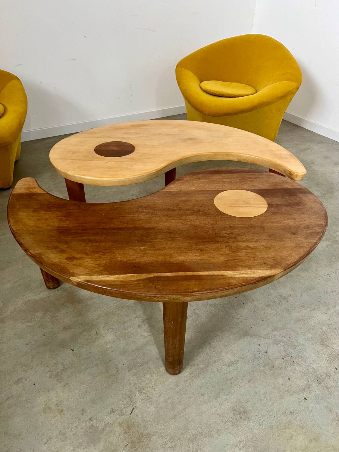 Solid wood coffee table with 2 Yin and Yang elements vintage 60s