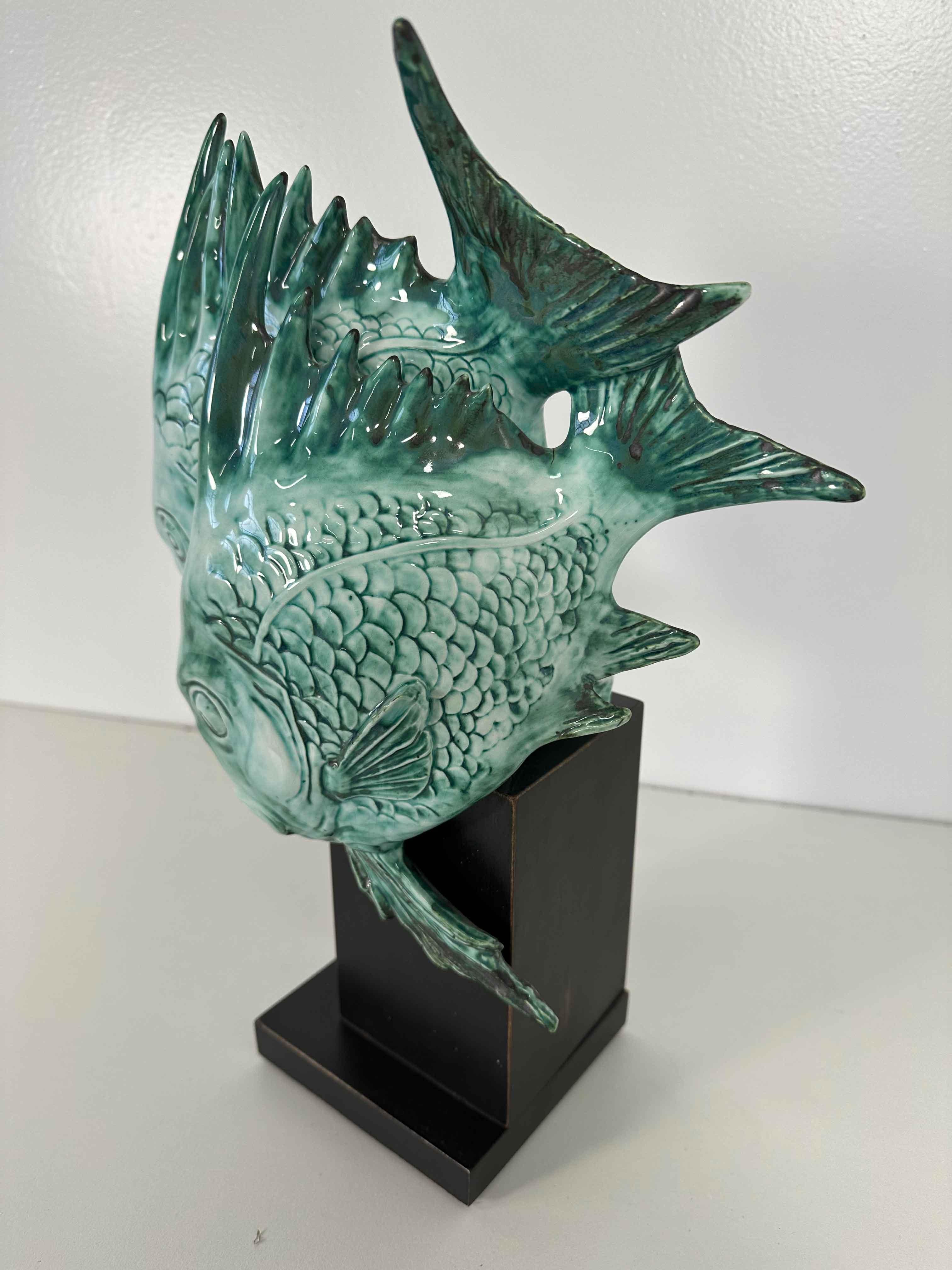 Light Blue Porcelain and Ebonized Wood Fish Sculpture by Guido Cacciapuoti Art Deco, 1930s