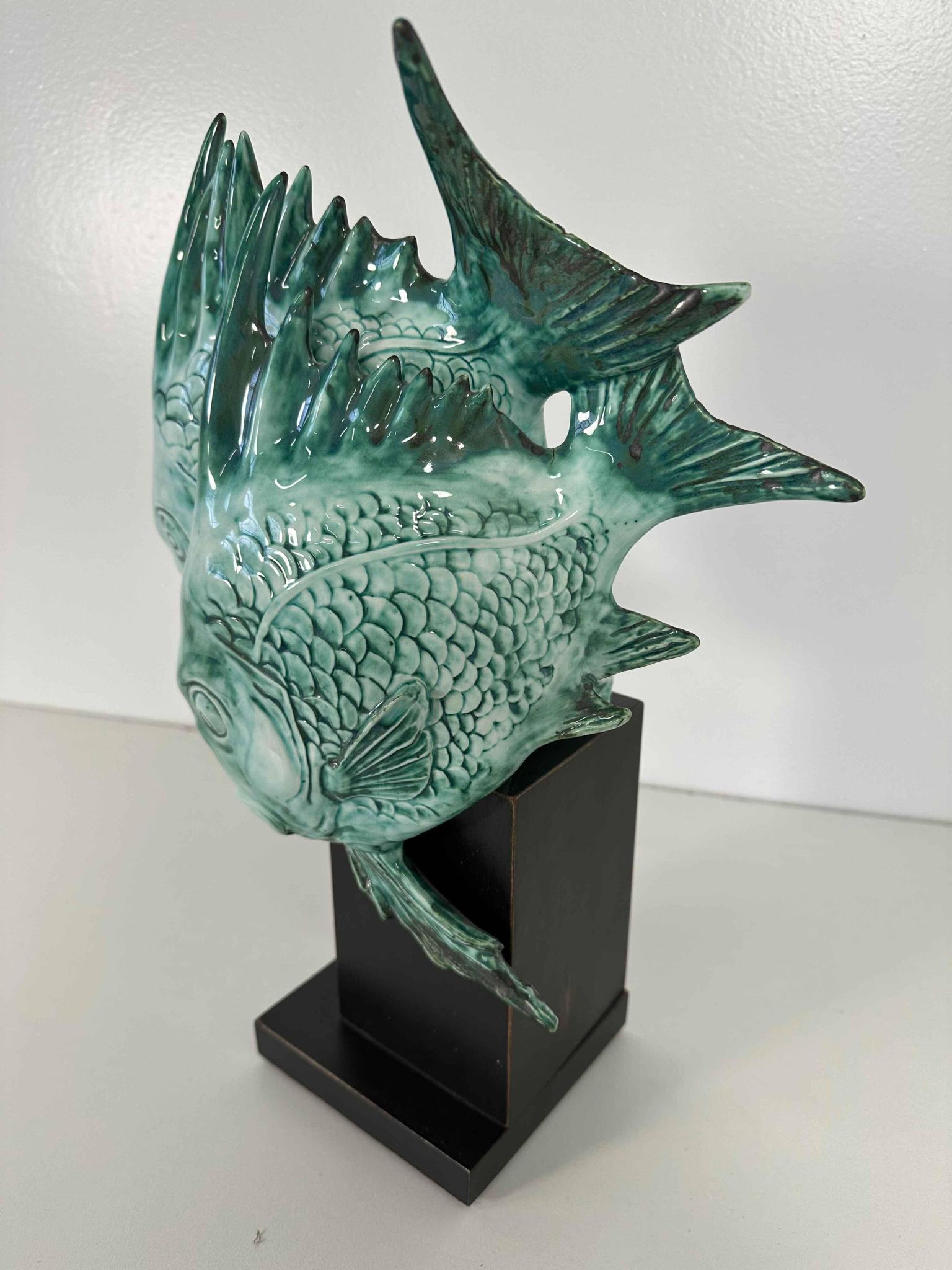 Light Blue Porcelain and Ebonized Wood Fish Sculpture by Guido Cacciapuoti Art Deco, 1930s