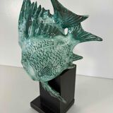 Light Blue Porcelain and Ebonized Wood Fish Sculpture by Guido Cacciapuoti Art Deco, 1930s