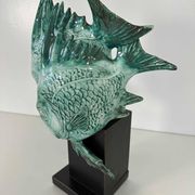 Light Blue Porcelain and Ebonized Wood Fish Sculpture by Guido Cacciapuoti Art Deco, 1930s