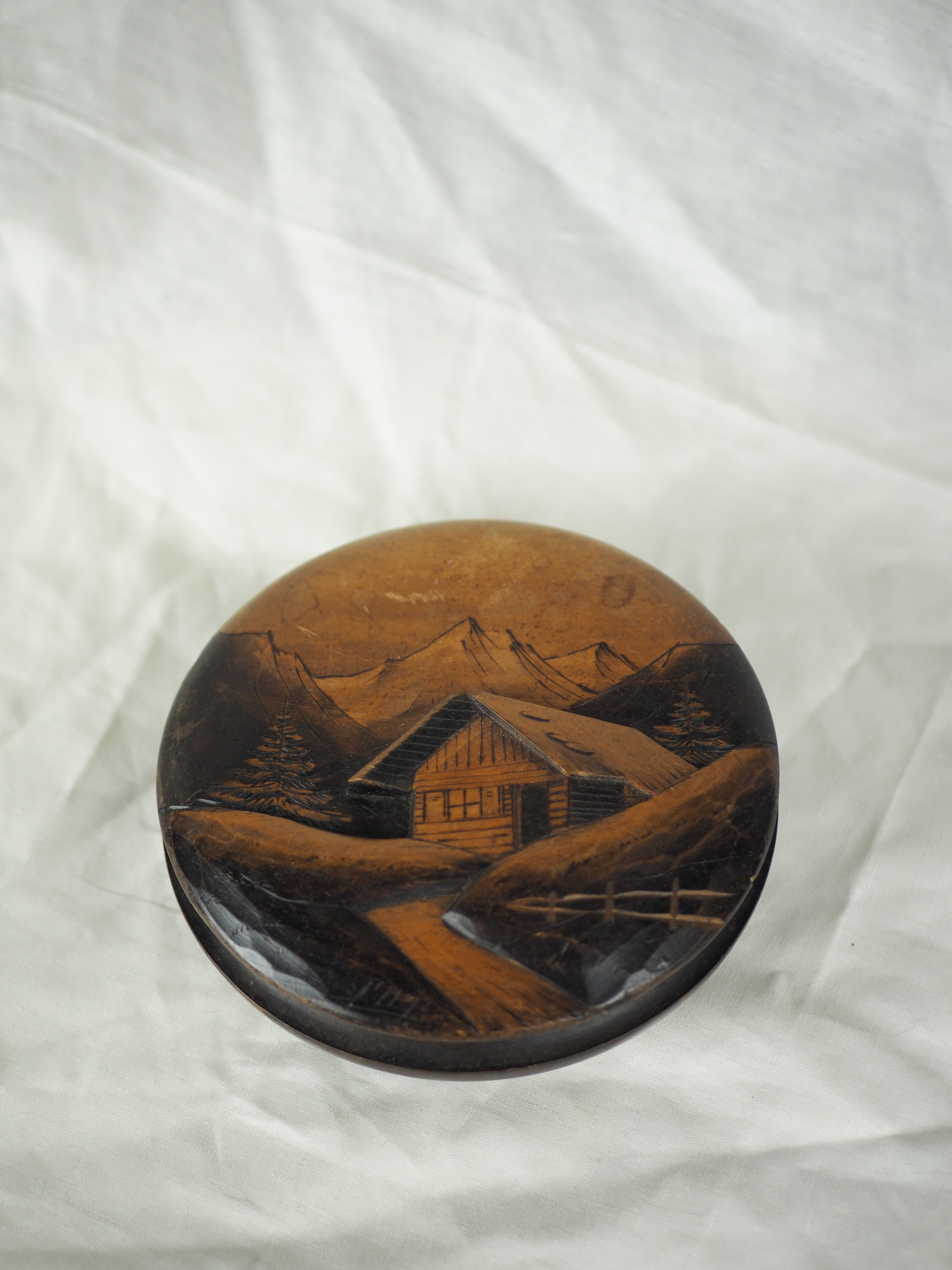 Large blackened wooden box mountain landscape folk art early / mid twentieth