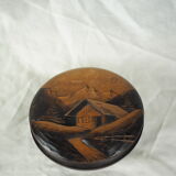 Large blackened wooden box mountain landscape folk art early / mid twentieth