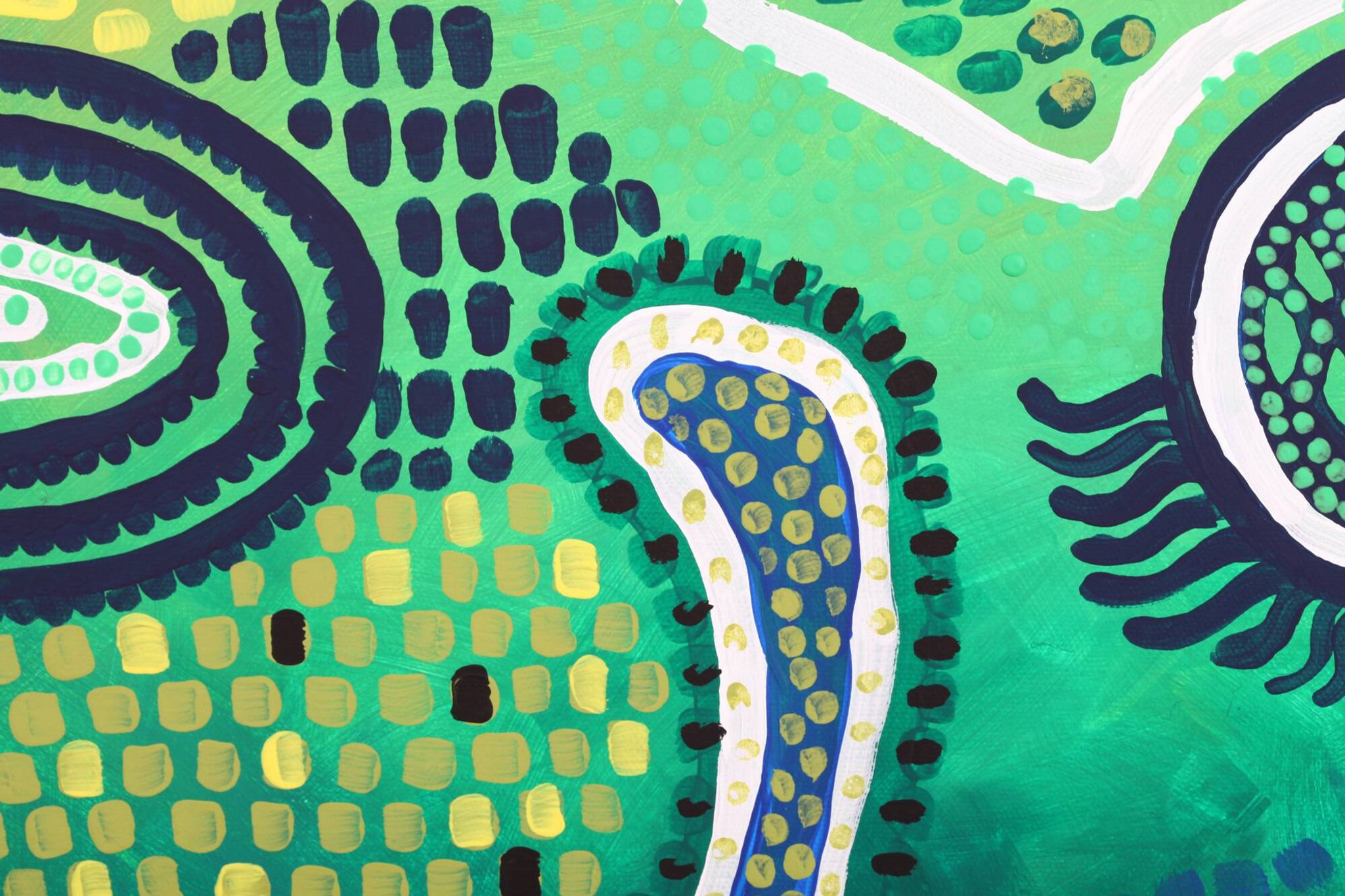 Peinture abstraite moderne verte, jaune, bleue et blanche avec techniques mixtes