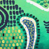 Modern abstract green, yellow, blue and white mixed media painting