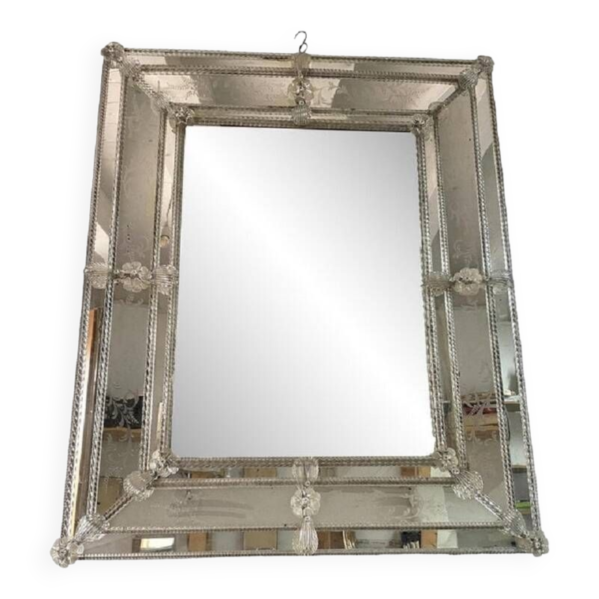 Venetian Rectangular Floreal Hand-Carving Wall Mirror in Murano Glass Style