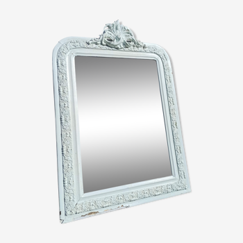 Miroir de style Louis Philippe avec fronton moulure blanc patiné 37x52cm