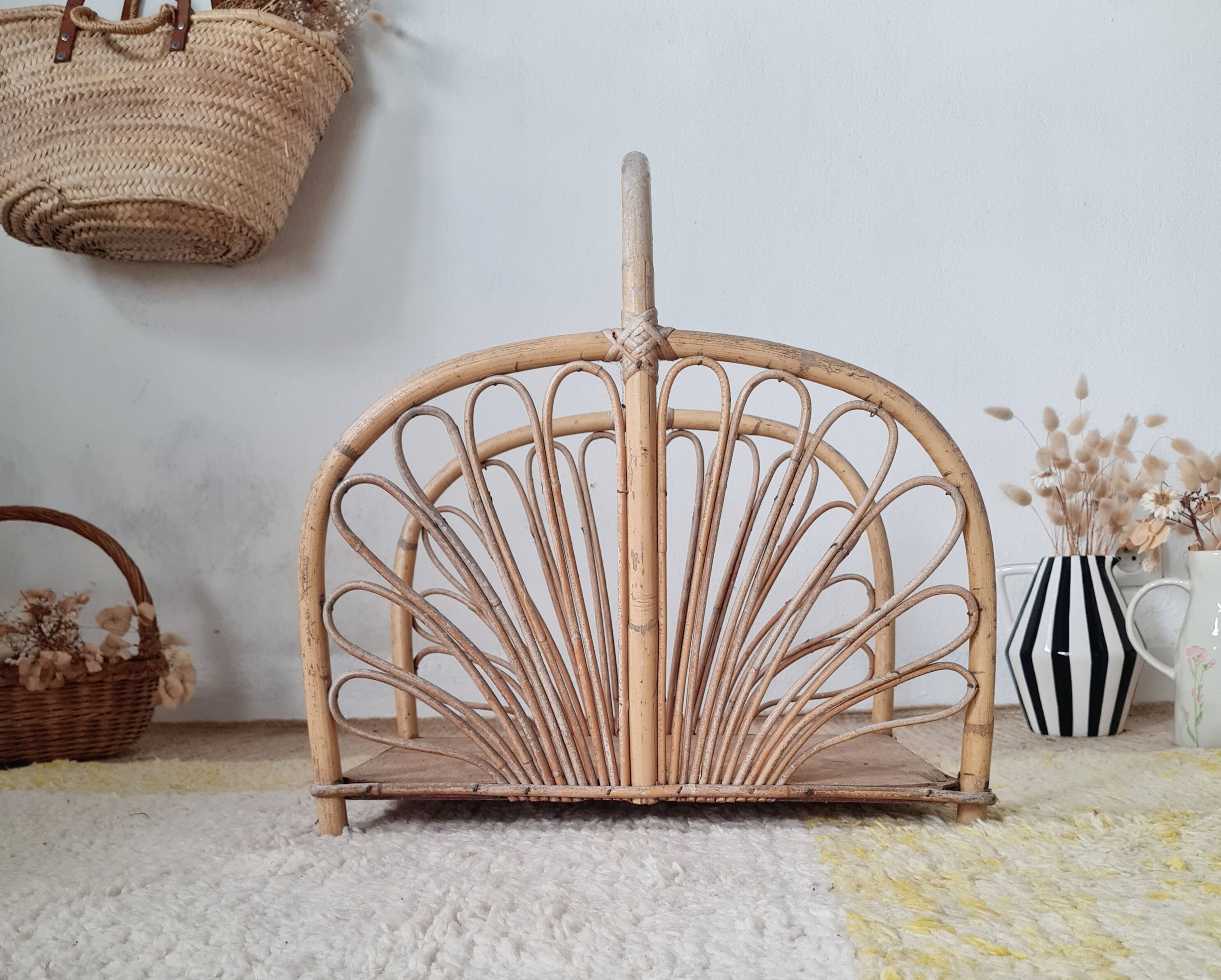 Magazine rack, vintage log holder in rattan