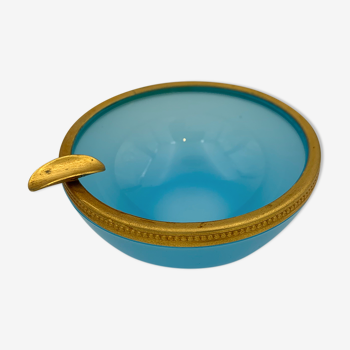 Vintage ashtray in blue opaline, gilded brass mount - 1960s