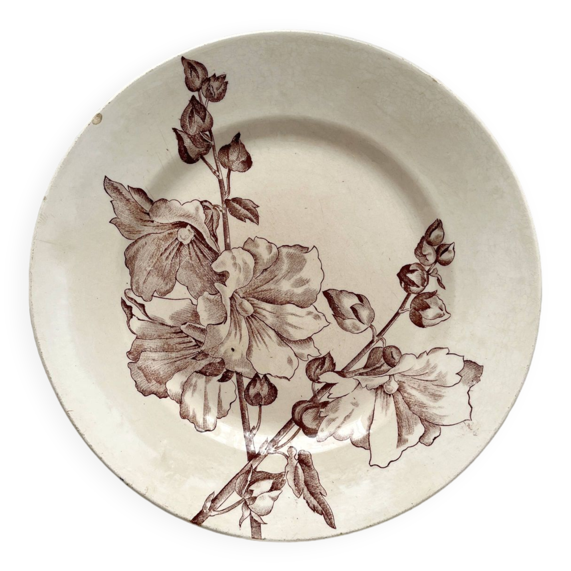 Assiette à dessert en terre de fer "Trémières" faïencerie de Salins