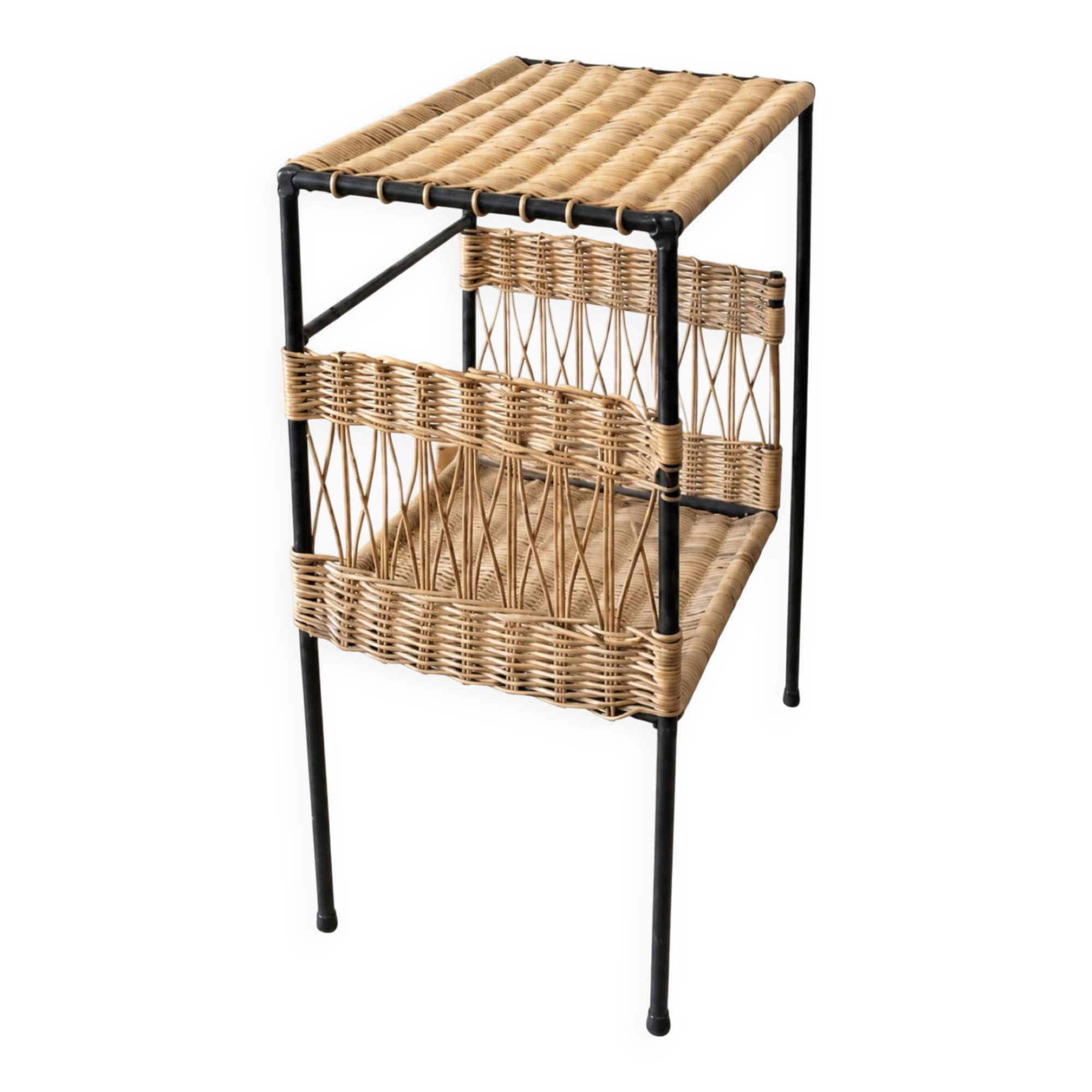 Side table in metal and woven wicker – 1970s/80s