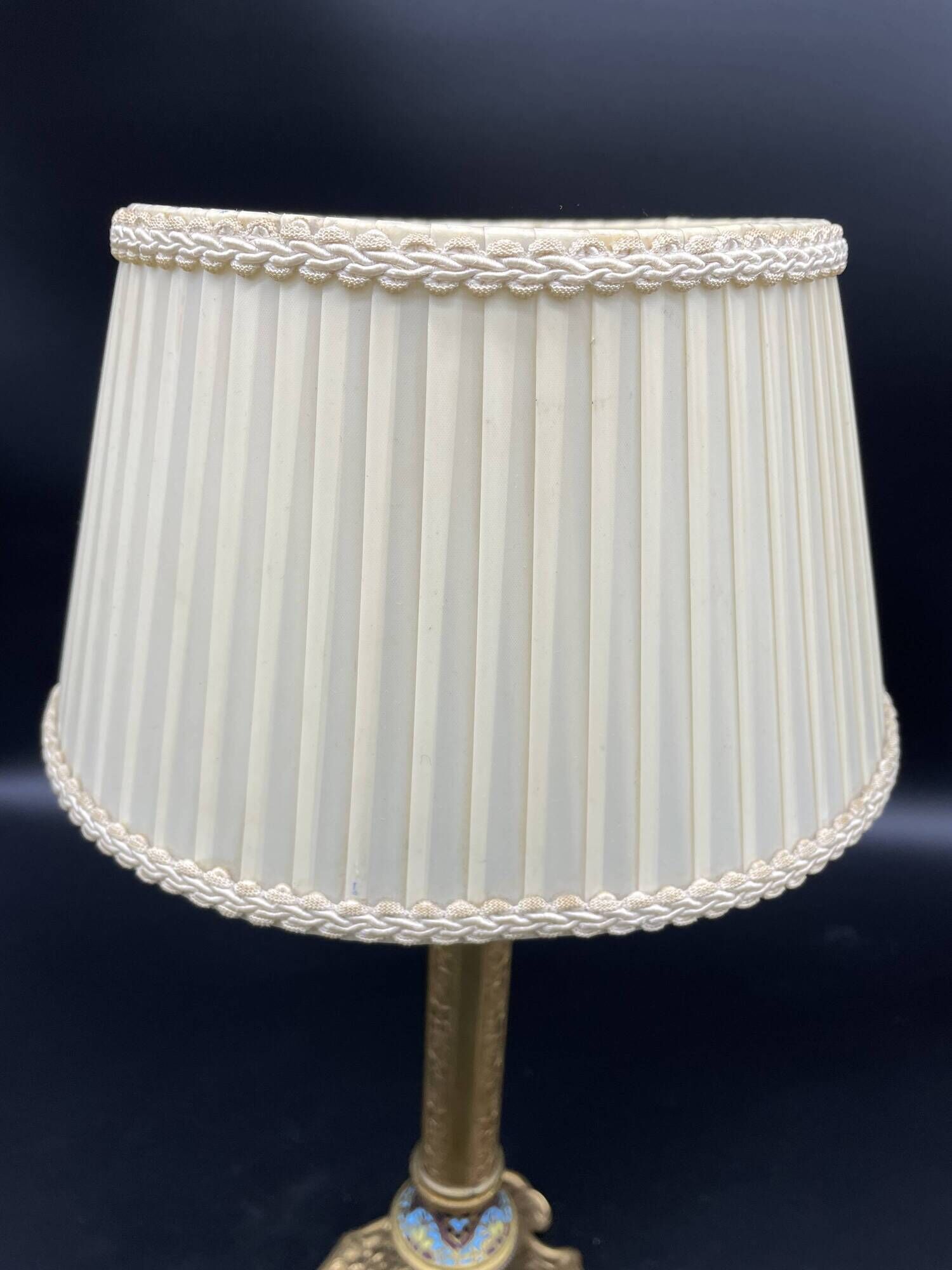 Antique, lamp, bronze, candle holder, gold, cloisonné enamel, ecru white lampshade, flower decor, leaf