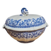 Soup tureen service Gien with blue flower patterns and dolphin lid.