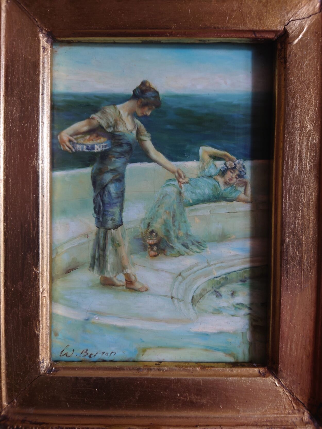 Oil painting on wood signed gilded frame xx century