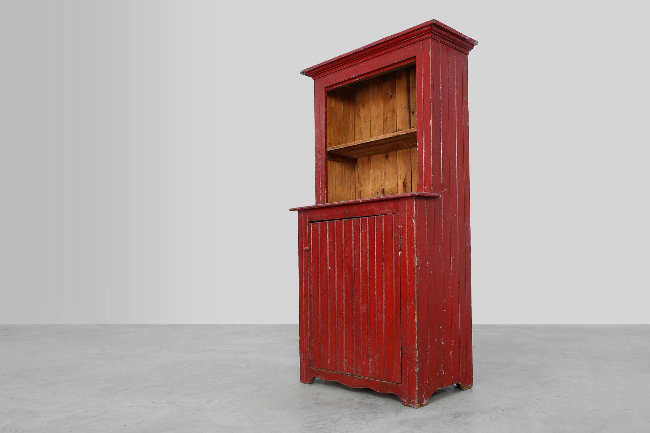French 19th Century Red‑Painted Stepback Cupboard in Pine