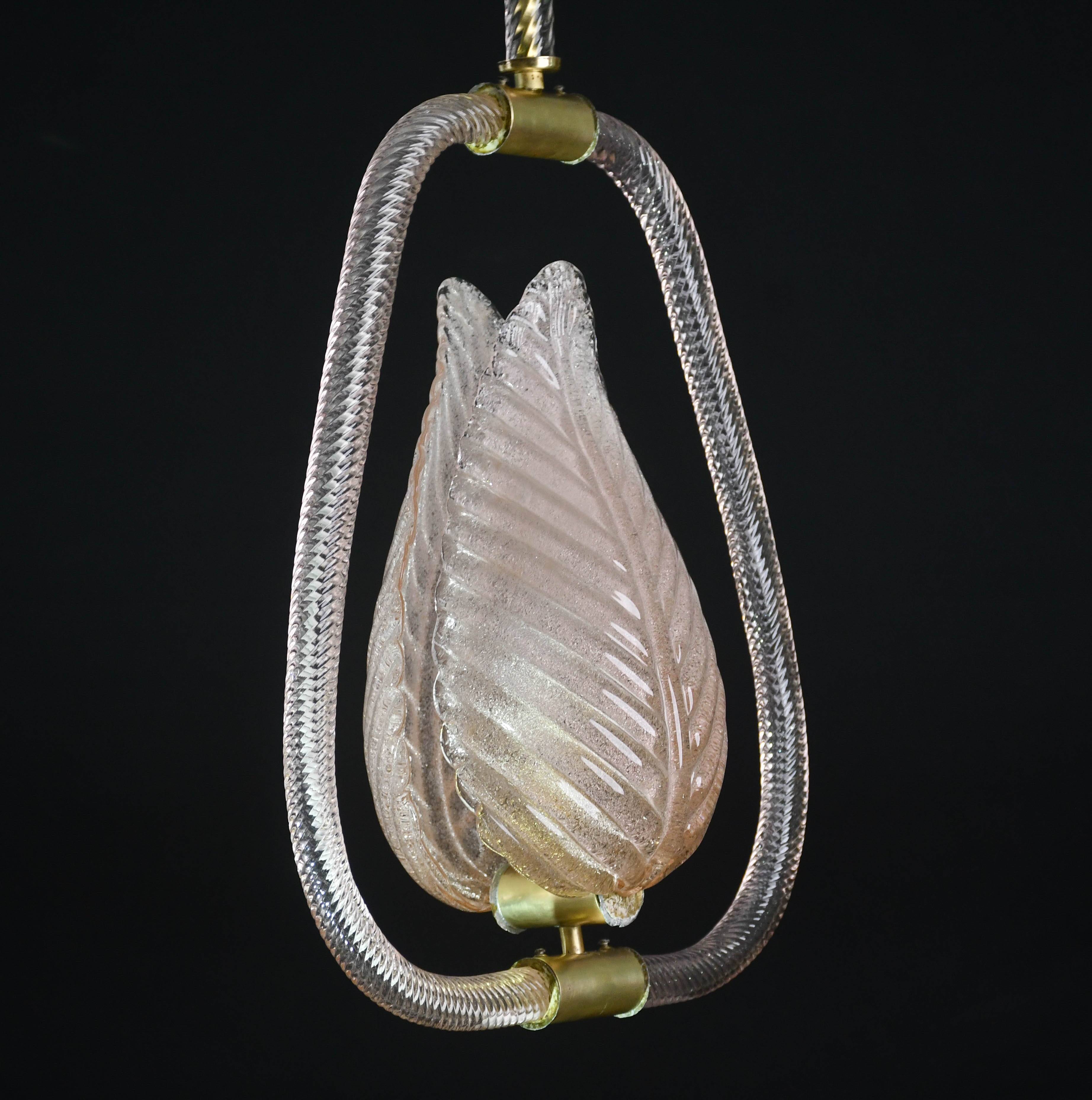 Elgant Pink Art Decò Barovier e Toso Pendant Light Murano Glass, 1940s