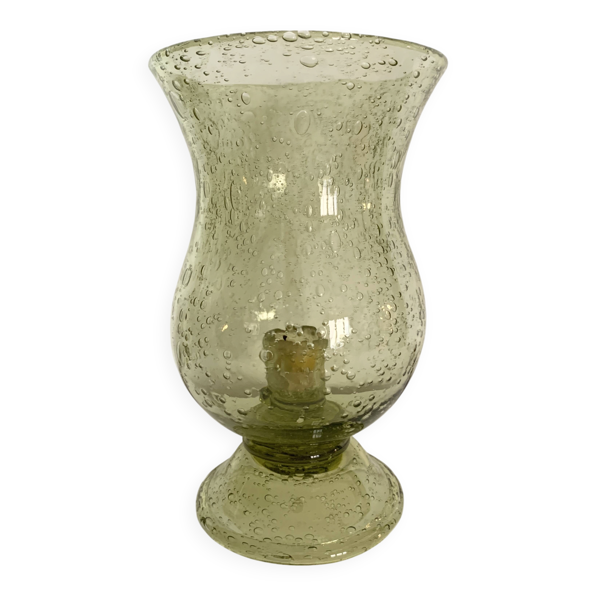 Important green bubbled glass candlestick
