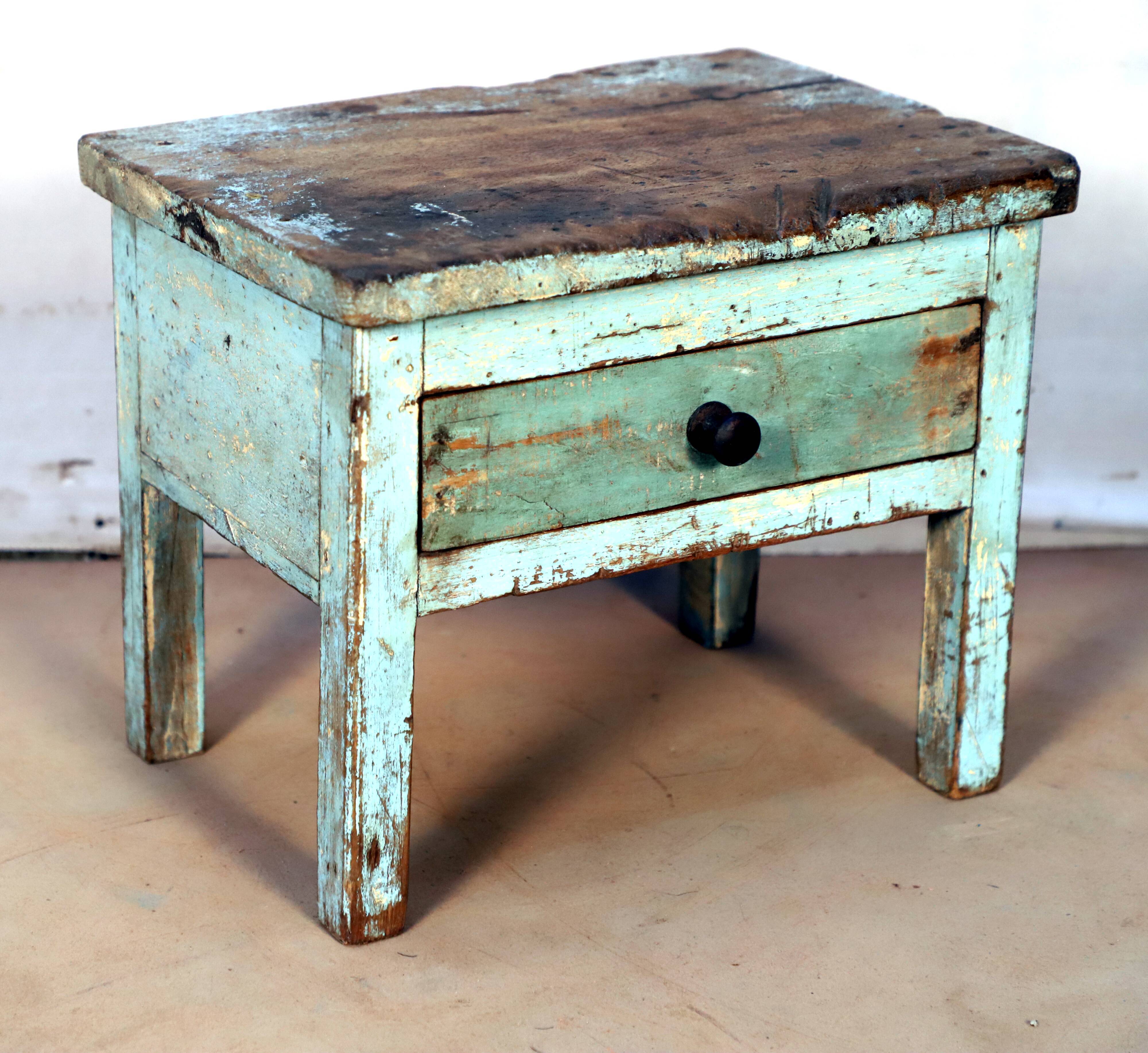 Burmese teak bedside table with original blue -green patina